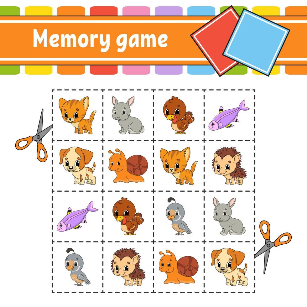 Memory game for kids. Education developing worksheet. Activity page with pictures. Puzzle game for children. Logical thinking training. Isolated vector illustration. Funny character. Cartoon style.