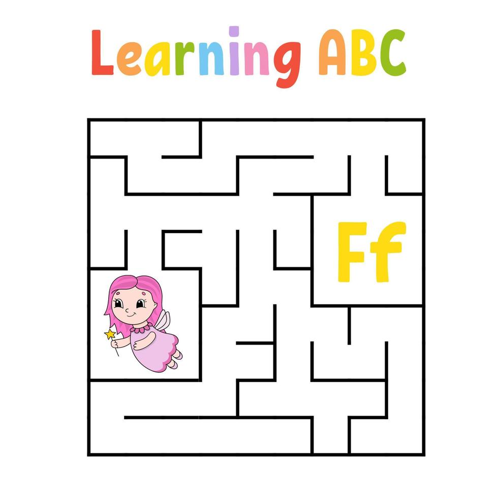 Square maze. Game for kids. Quadrate labyrinth. Education worksheet. Activity page. Learning alphabet. Cute cartoon style. Find the right way. Logical conundrum. Color vector illustration.