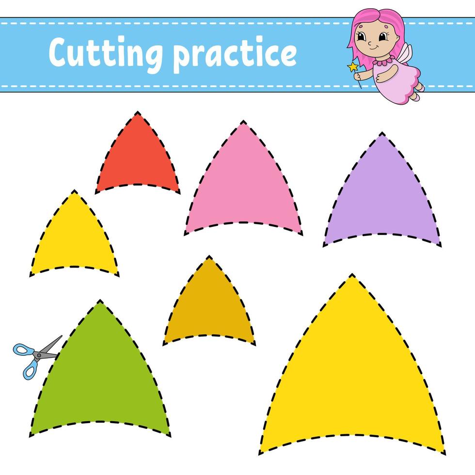 Cutting practice for kids. Education developing worksheet. Activity page with pictures. Game for children. Isolated vector illustration. Funny character. Cartoon style.