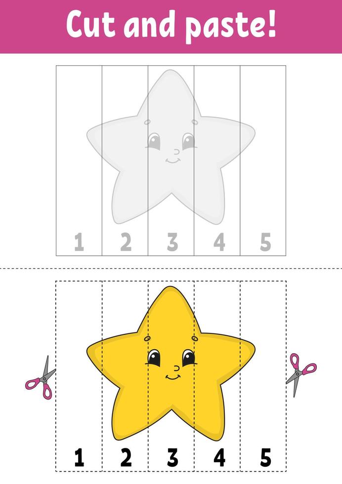 Learning numbers. Cut and play. Education developing worksheet. Game for kids. Activity page. Puzzle for children. Riddle for preschool. Flat isolated vector illustration. Cute cartoon style.