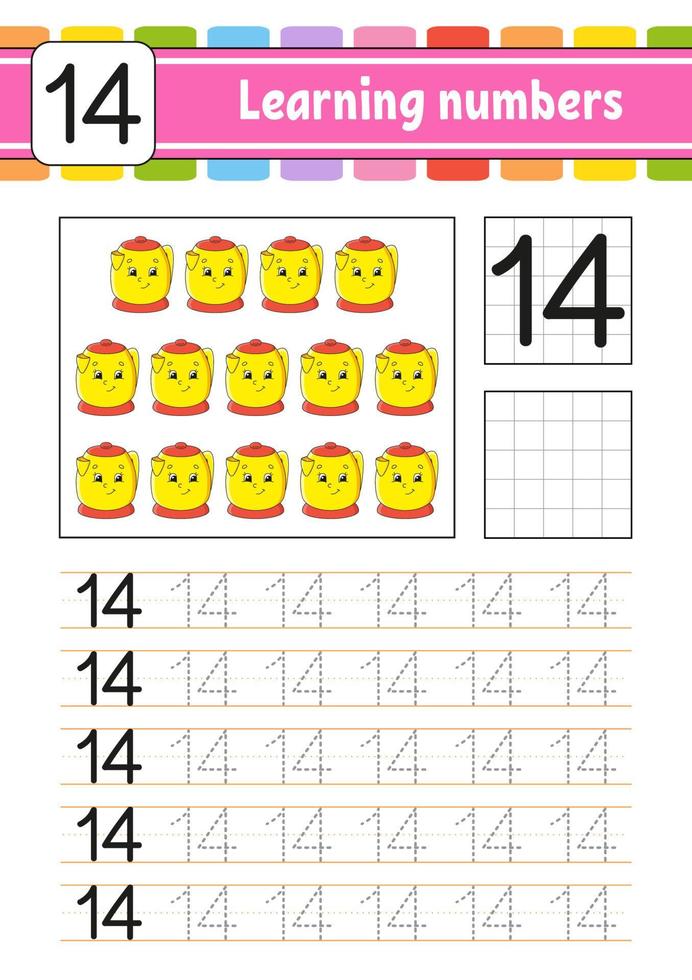 Learning numbers for kids. Handwriting practice. Education developing worksheet. Activity page. Game for toddlers and preschoolers. Isolated vector illustration in cute cartoon style.