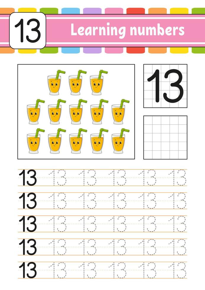 Learning numbers for kids. Handwriting practice. Education developing worksheet. Activity page. Game for toddlers and preschoolers. Isolated vector illustration in cute cartoon style.