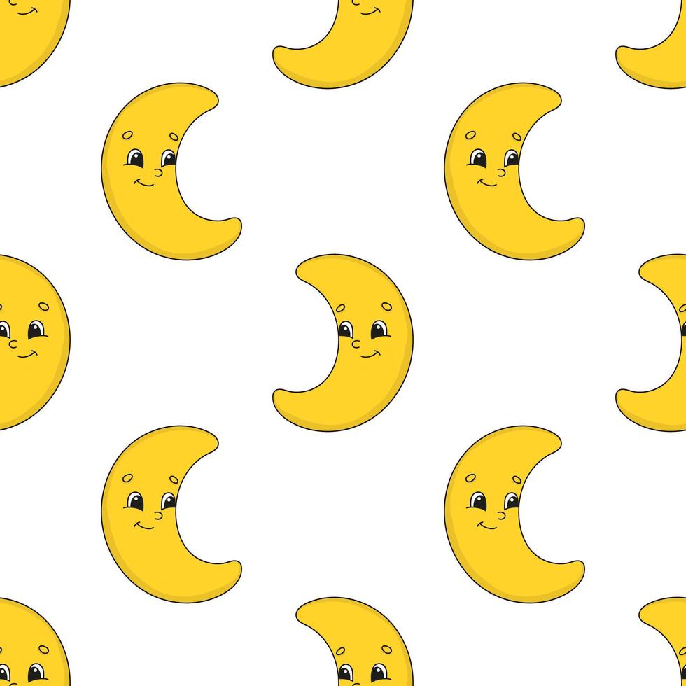 Happy moon. Colored seamless pattern with cute cartoon character. Simple flat vector illustration isolated on white background. Design wallpaper, fabric, wrapping paper, covers, websites.