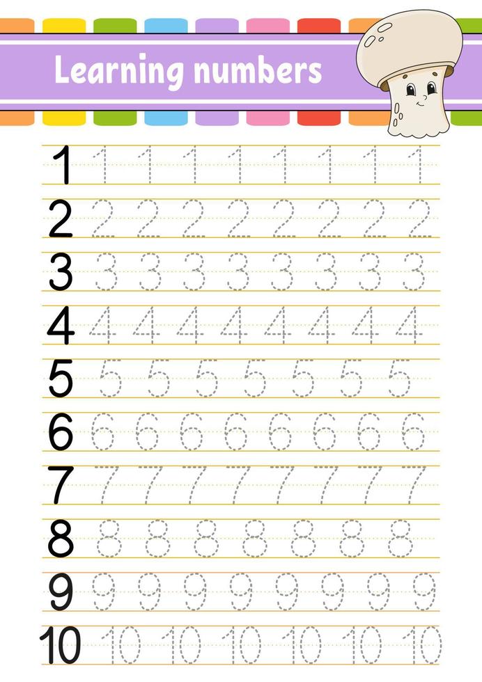 Learning numbers for kids. Handwriting practice. Education developing worksheet. Activity page. Game for toddlers and preschoolers. Isolated vector illustration in cute cartoon style.