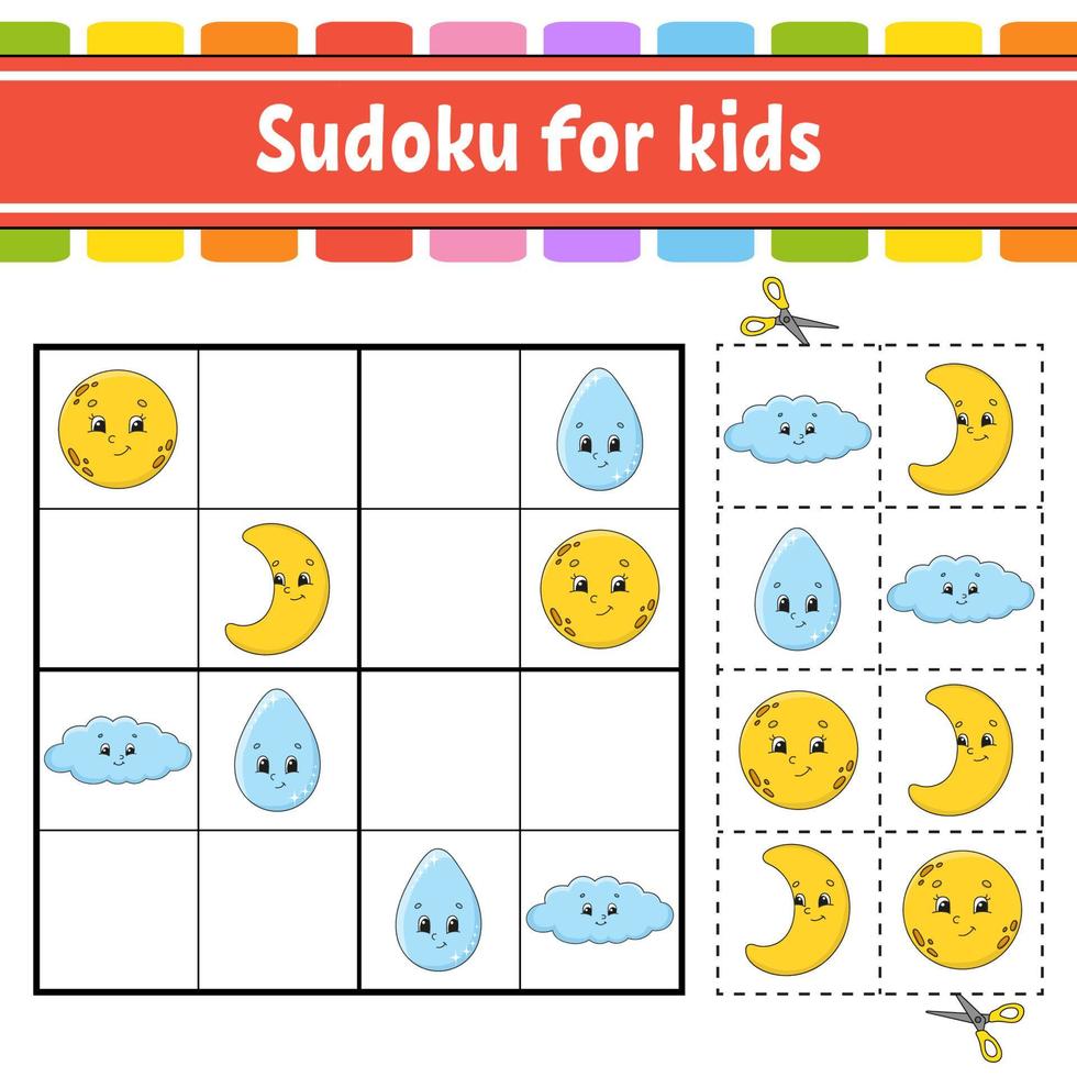 Sudoku for kids. Education developing worksheet. Activity page with pictures. Puzzle game for children. Logical thinking training. Isolated vector illustration. Funny character. Cartoon style.