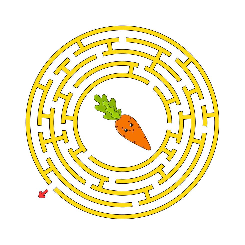 Funny circle maze. Game for kids. Puzzle for children. Cartoon style. Round labyrinth conundrum. Color vector illustration. Find the right path. The development of logical and spatial thinking.