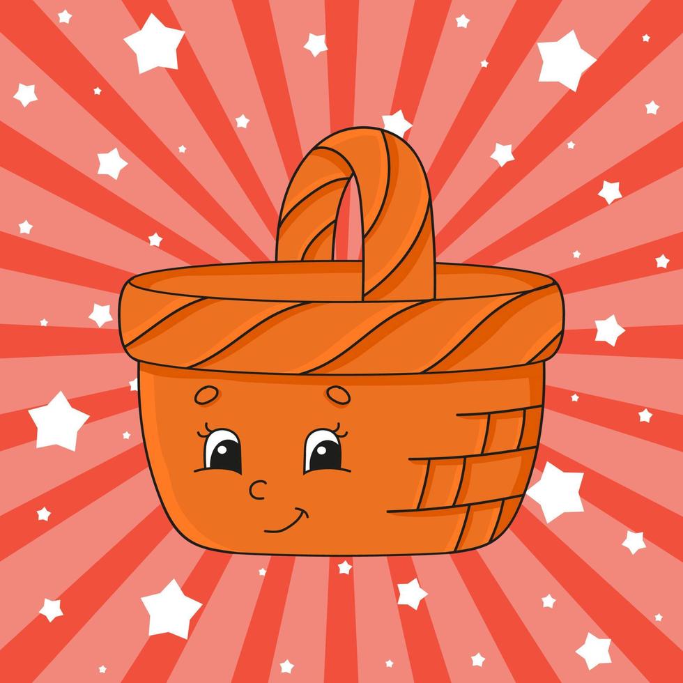 Brown basket. Cute character. Colorful vector illustration. Cartoon style. Isolated on color background. Design element. Template for your design, books, stickers, cards, posters, clothes.
