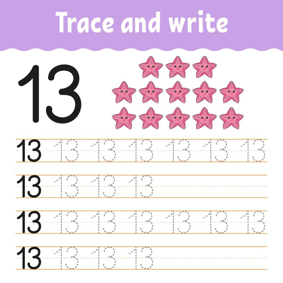 Trace and write. Handwriting practice. Learning numbers for kids. Education developing worksheet. Activity page. Game for toddlers and preschoolers. Isolated vector illustration in cute cartoon style.