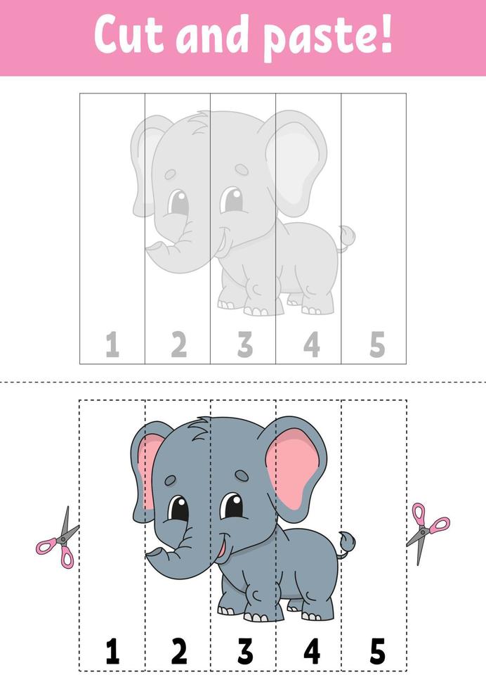 Learning numbers. Cut and play. Education developing worksheet. Game for kids. Activity page. Puzzle for children. Riddle for preschool. Flat isolated vector illustration. Cute cartoon style.