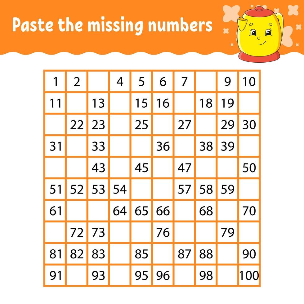 Paste the missing numbers. Handwriting practice. Learning numbers for kids. Education developing worksheet. Activity page. Game for children. Isolated vector illustration in cute cartoon style.