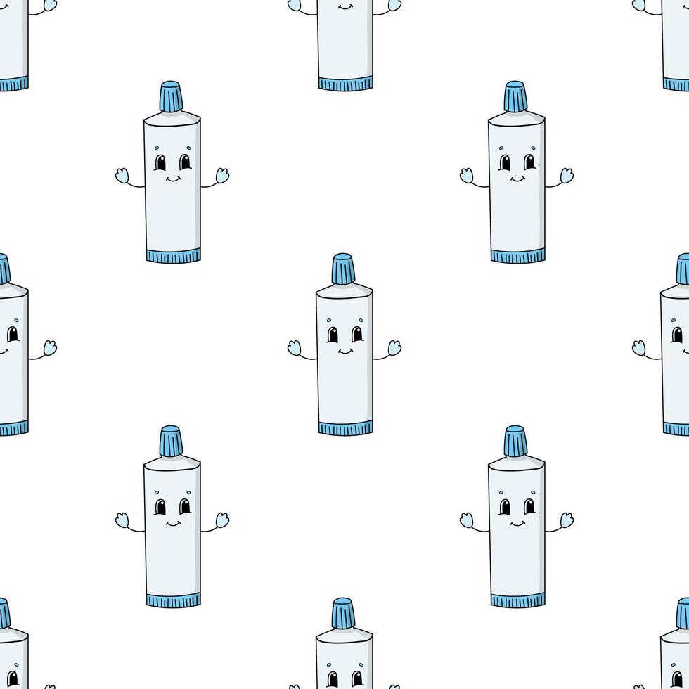 Happy toothpaste. Colored seamless pattern with cute cartoon character. Simple flat vector illustration isolated on white background. Design wallpaper, fabric, wrapping paper, covers, websites.