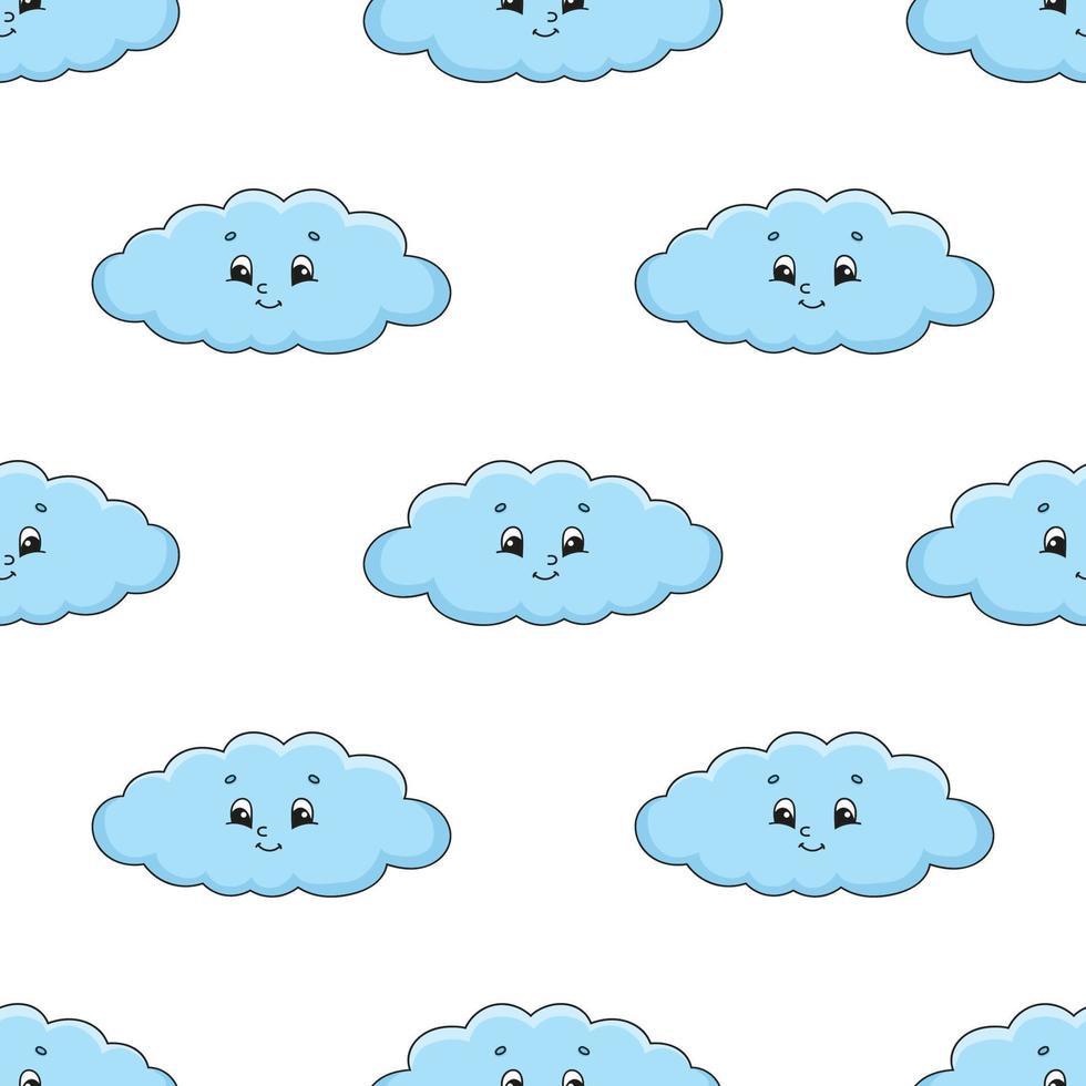 Happy cloud. Colored seamless pattern with cute cartoon character. Simple flat vector illustration isolated on white background. Design wallpaper, fabric, wrapping paper, covers, websites.