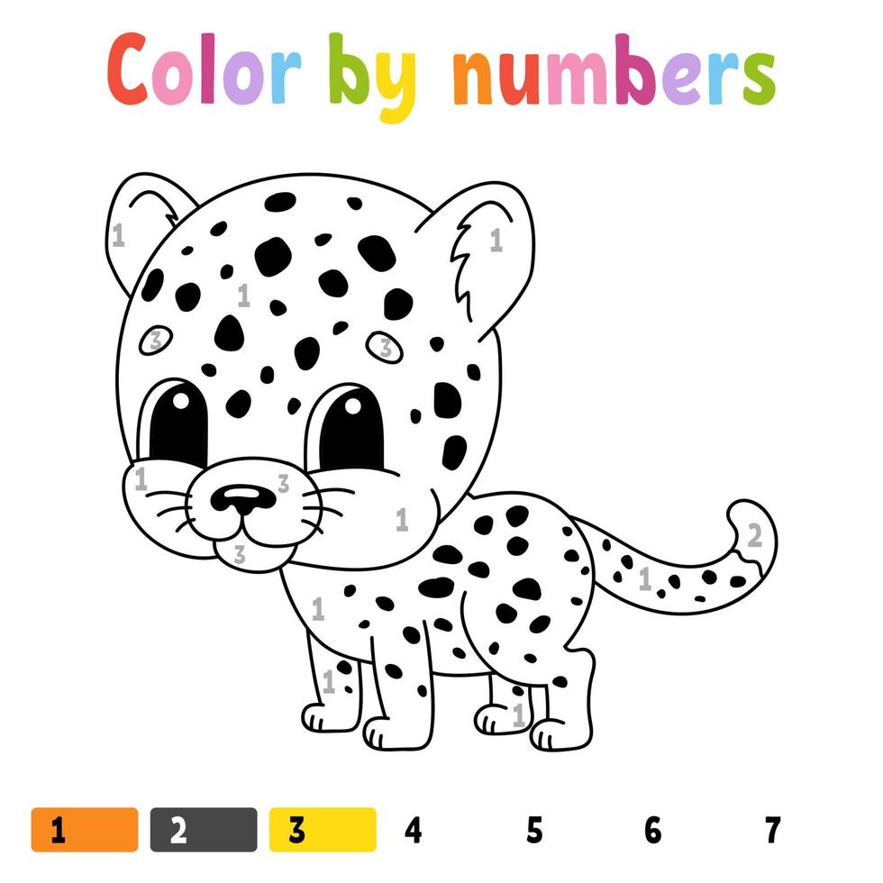 Color by numbers. Coloring book for kids. Cheerful character. Vector illustration. Cute cartoon style. Hand drawn. Fantasy page for children. Isolated on white background.