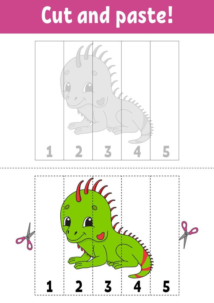 Learning numbers. Cut and play. Education developing worksheet. Game for kids. Activity page. Puzzle for children. Riddle for preschool. Flat isolated vector illustration. Cute cartoon style.