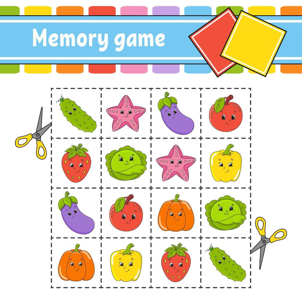 juego de memoria para niños. hoja de trabajo de desarrollo educativo. página de actividades con imágenes. juego de rompecabezas para niños. entrenamiento del pensamiento lógico. ilustración vectorial aislada. personaje divertido. estilo de dibujos animados. vector