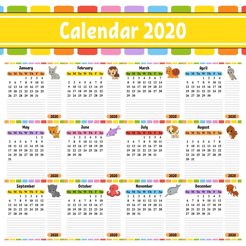 Calendar for 2020 with a cute character. Fun and bright design. Isolated vector illustration. Cartoon style.