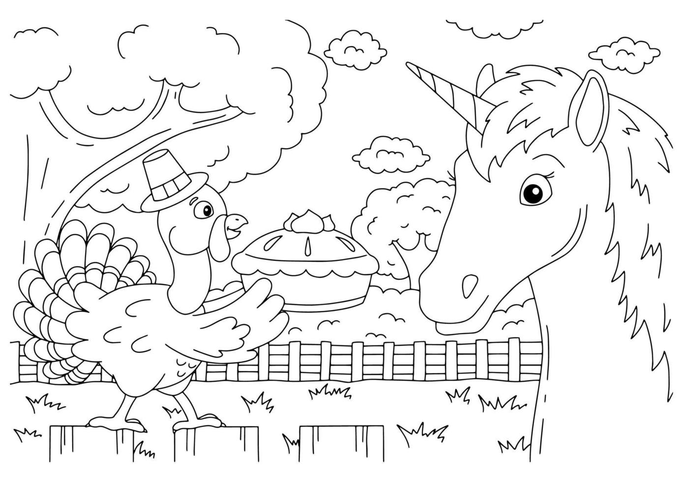 un pavo de granja lleva un pastel de calabaza. lindo unicornio. caballo de hadas mágico. página de libro para colorear para niños. día de Gracias. estilo de dibujos animados. ilustración vectorial aislado sobre fondo blanco. vector