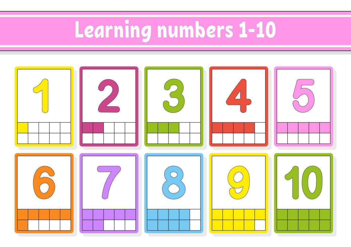 Set flash cards for kids. Learning numbers 1-10. Education developing worksheet. Activity page for school. Color game for children. Vector illustration. Cartoon style.