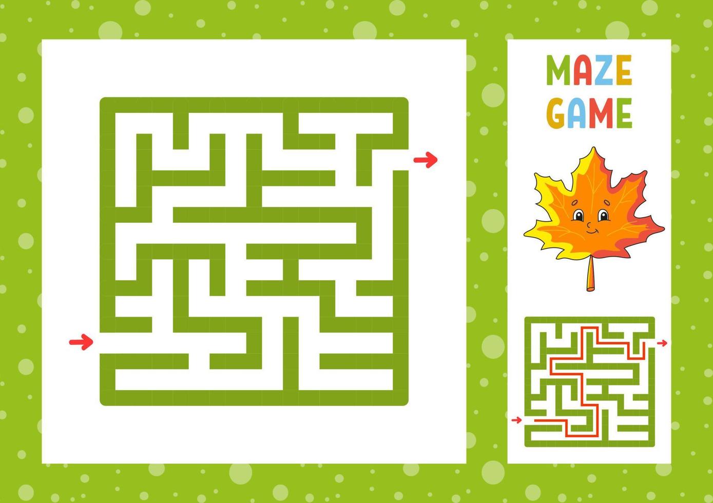 Square maze. Game for kids. Puzzle for children. Happy character. Labyrinth conundrum. Color vector illustration. Find the right path. With answer. Isolated vector illustration. Cartoon style.