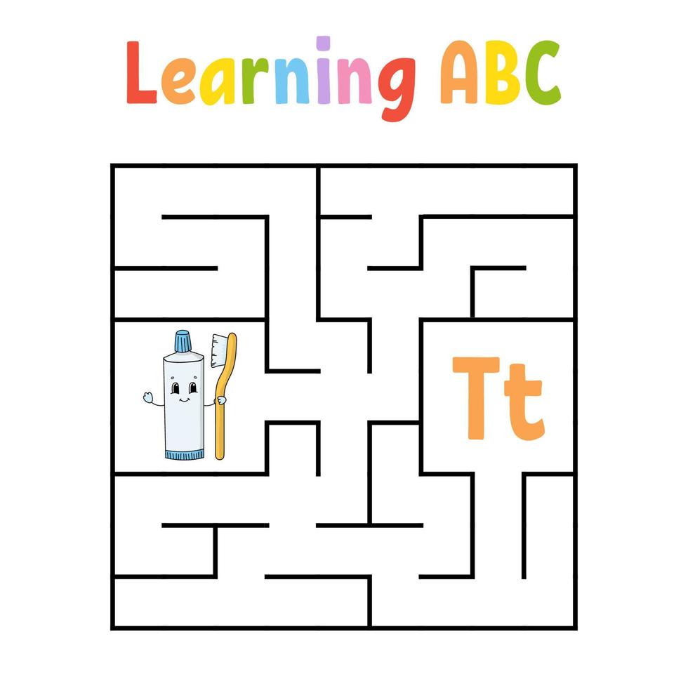 Square maze. Game for kids. Quadrate labyrinth. Education worksheet. Activity page. Learning alphabet. Cute cartoon style. Find the right way. Logical conundrum. Color vector illustration.