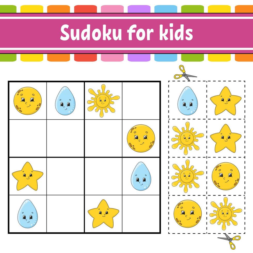 Sudoku for kids. Education developing worksheet. Activity page with pictures. Puzzle game for children. Logical thinking training. Isolated vector illustration. Funny character. Cartoon style.