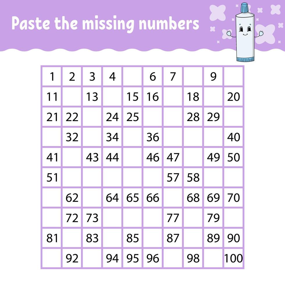 Paste the missing numbers. Handwriting practice. Learning numbers for kids. Education developing worksheet. Activity page. Game for children. Isolated vector illustration in cute cartoon style.