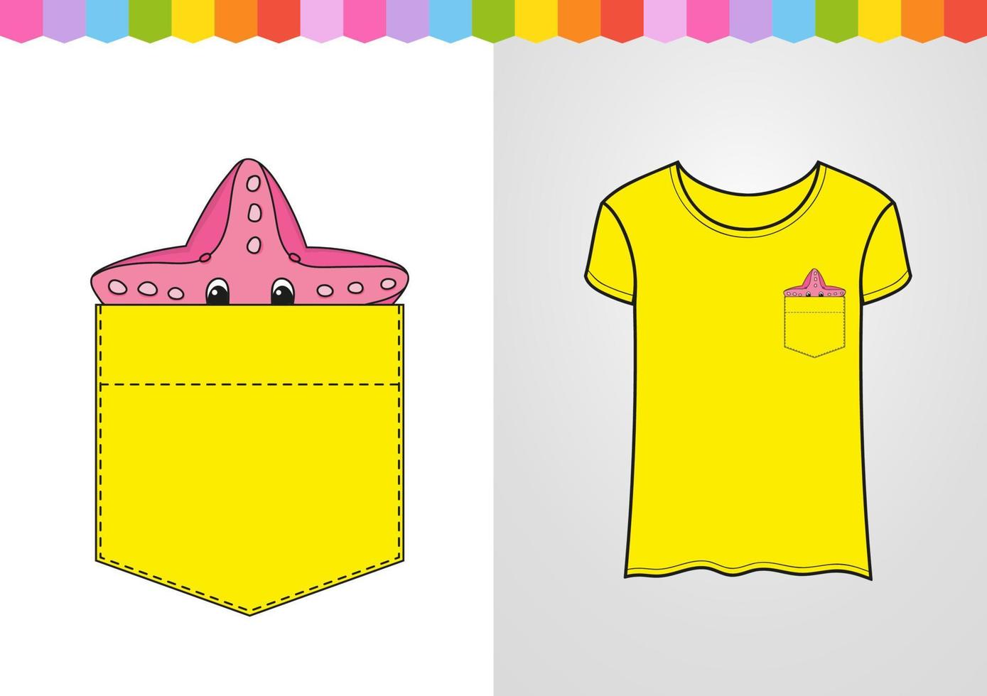 Starfish in shirt pocket. Cute character. Colorful vector illustration. Cartoon style. Isolated on white background. Design element. Template for your shirts.