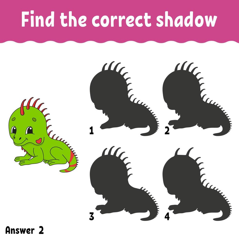 Find the correct shadow. Education developing worksheet. Matching game for kids. Activity page. Puzzle for children. Riddle for preschool. Cute character. Isolated vector illustration. Cartoon style.