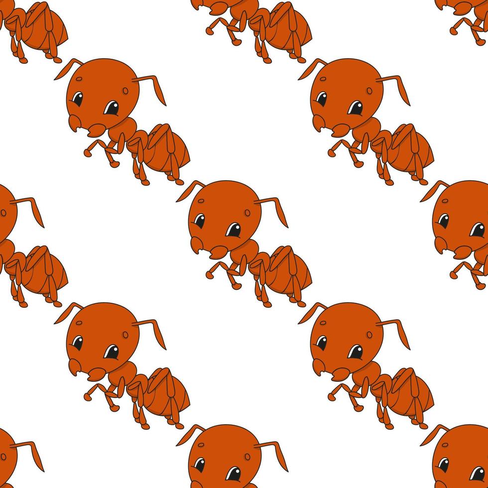 Happy ant. Colored seamless pattern with cute cartoon character. Simple flat vector illustration isolated on white background. Design wallpaper, fabric, wrapping paper, covers, websites.