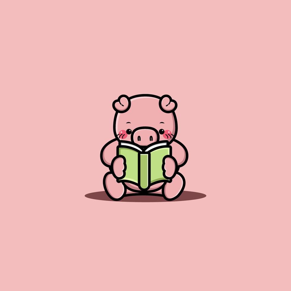 Cute pig reading book cartoon icon illustration vector