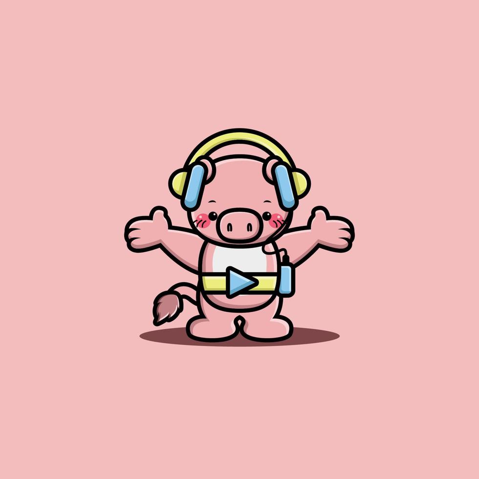 Cute pig listening music with headphone cartoon character vector