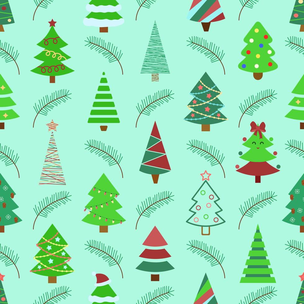 Christmas trees pattern. New Year seamless green background with pines, firs, tree branches. Vector illustration