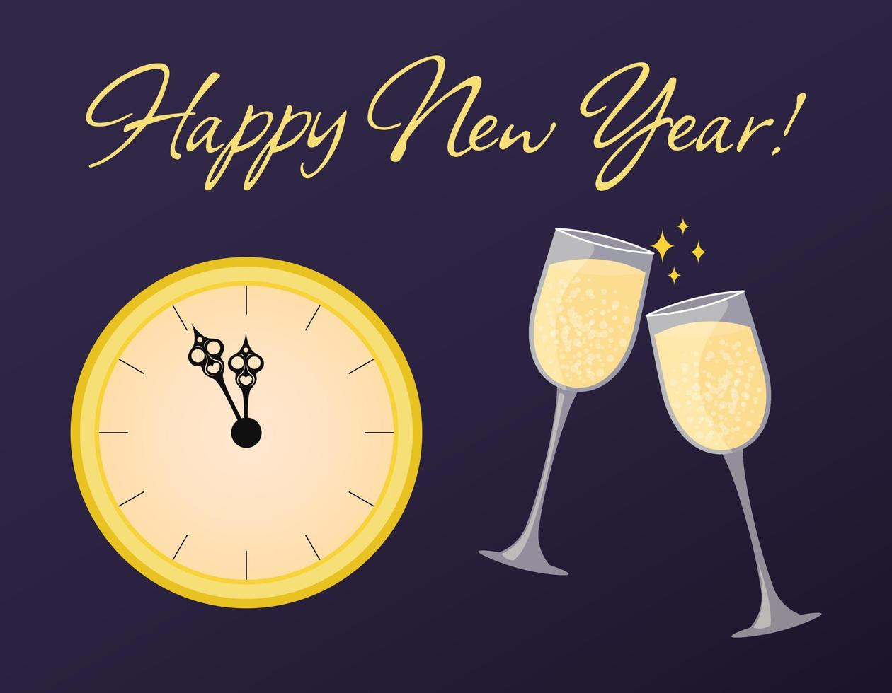 feliz año nuevo tarjeta de felicitación. medianoche en el reloj y dos copas de champán tintinean. cuenta regresiva de fin de año. ilustración vectorial vector