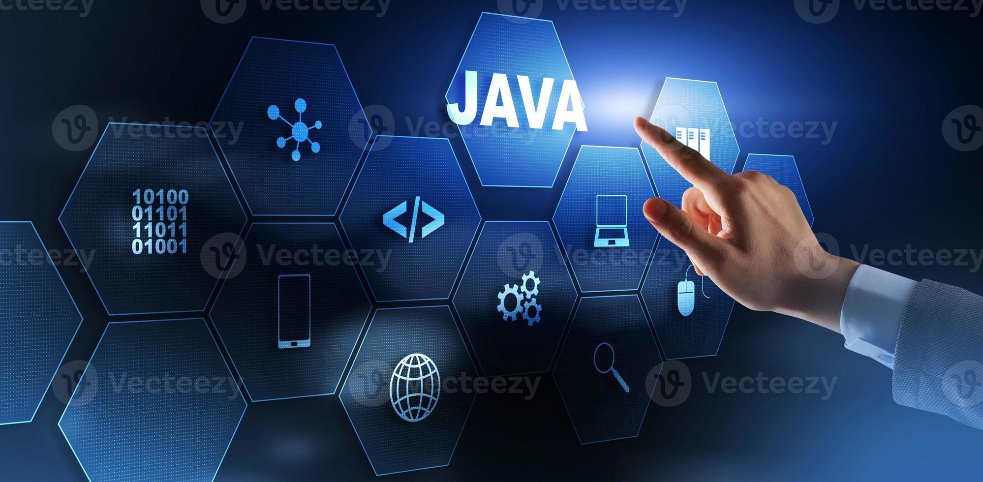 Business Man pushing on a touch screen interface Java Programming concept. Virtual machine photo