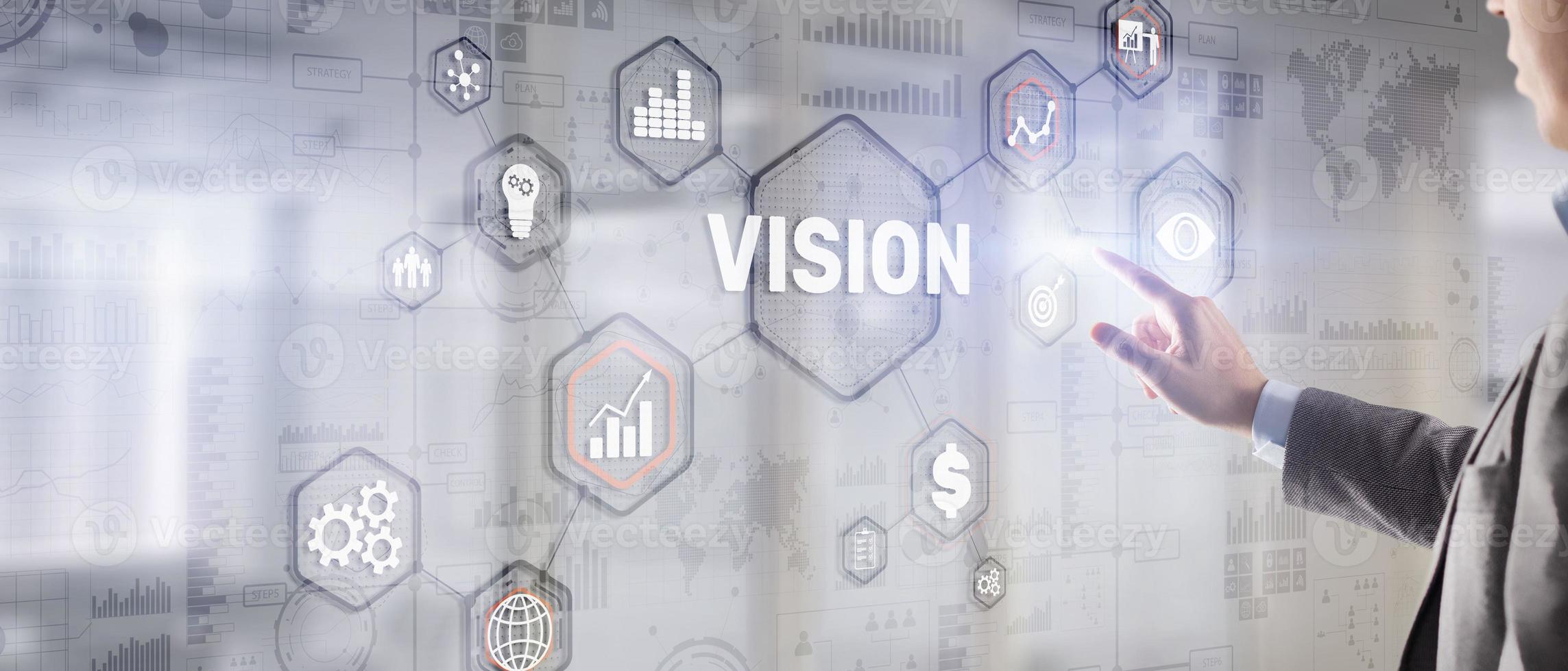 Vision. Business people and modern city on background. Virtual screen photo