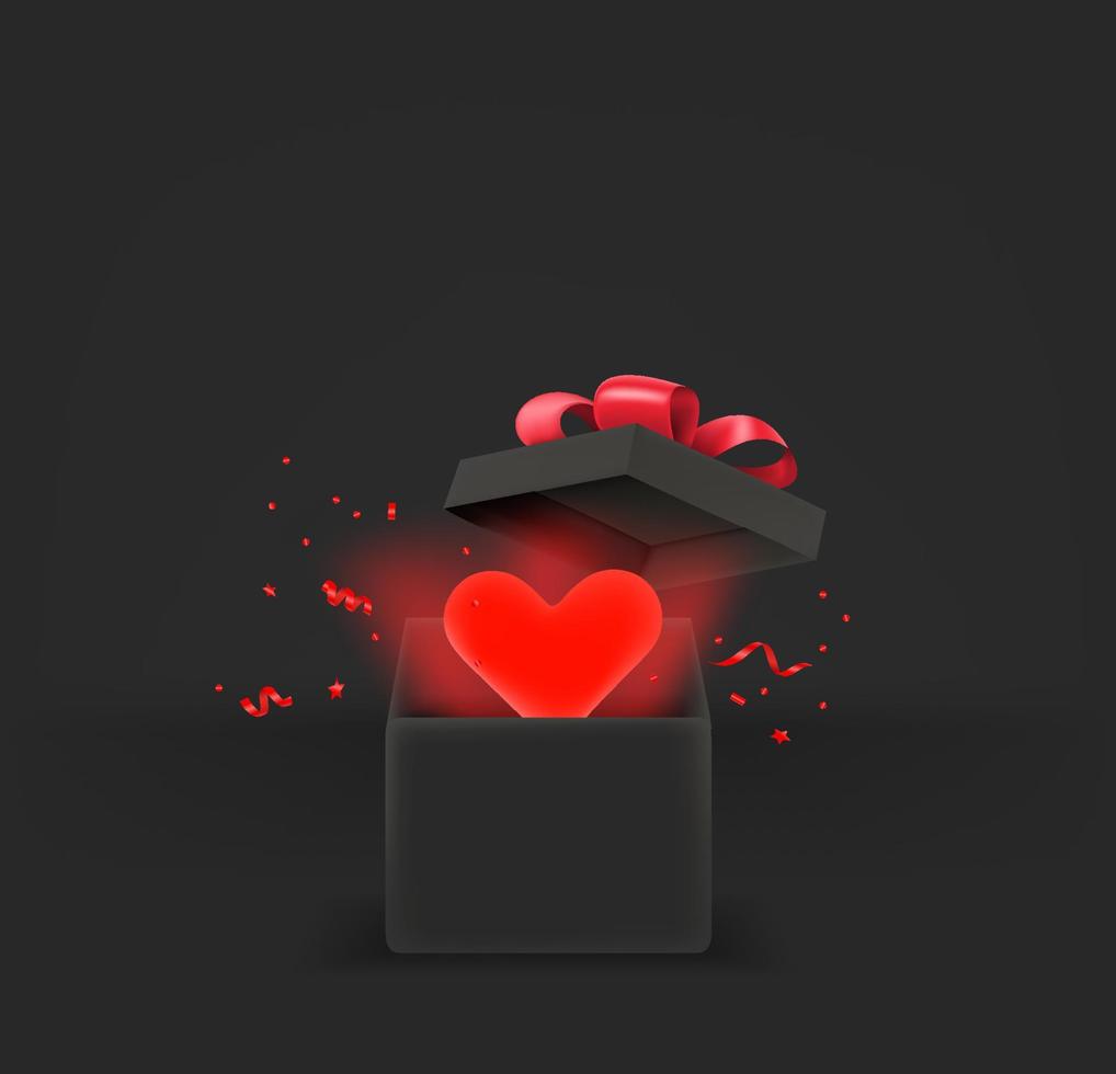 Opened gift box with red heart. 3d style vector banner with copy space