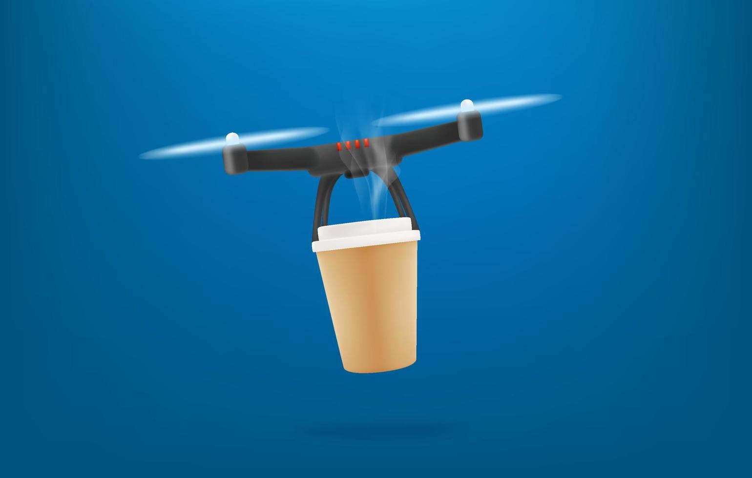 Hot drink fast delivery service by drones. Flying modern copter with coffee vector