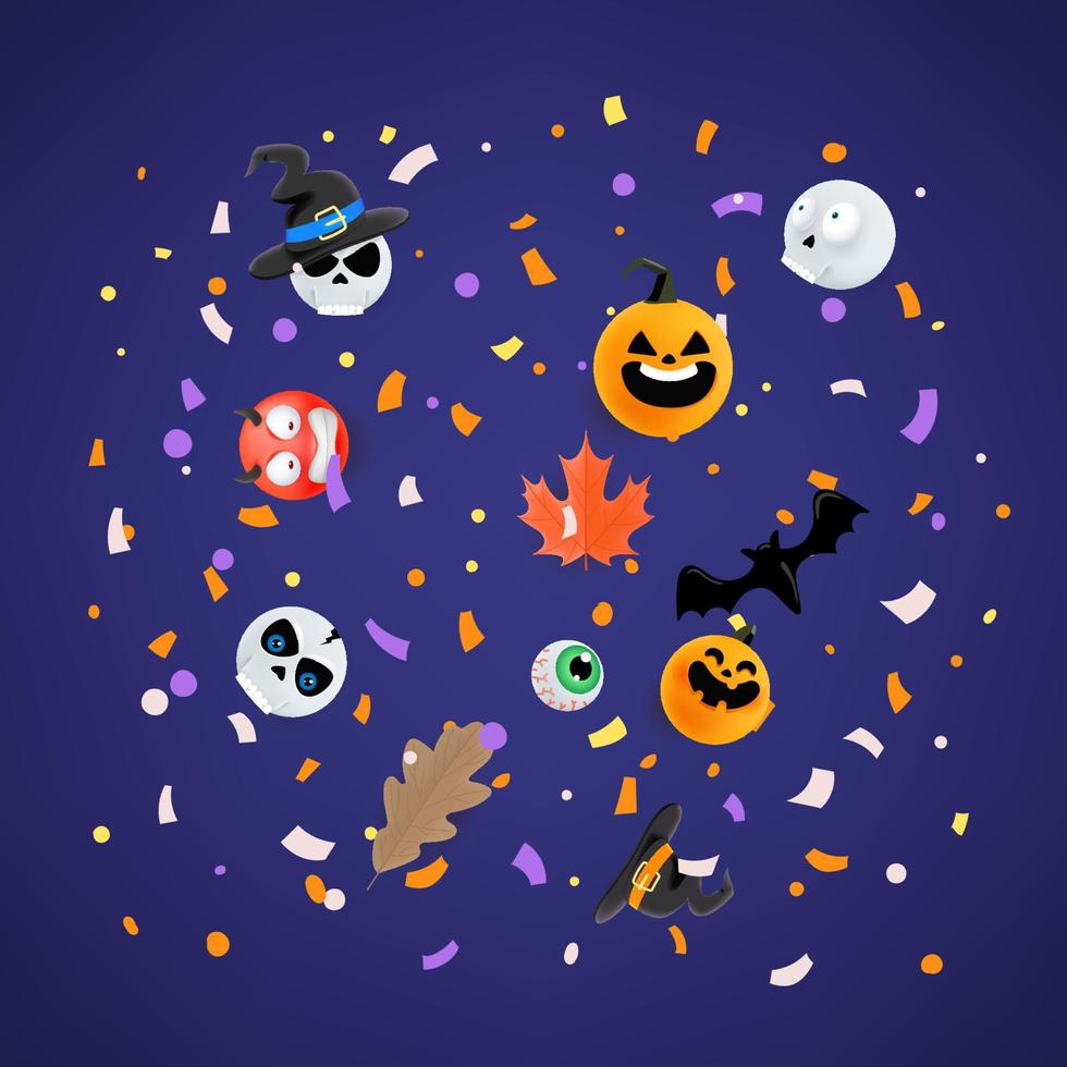 concepto de tarjeta de felicitación de halloween. confeti de papel volador y accesorios navideños. vector