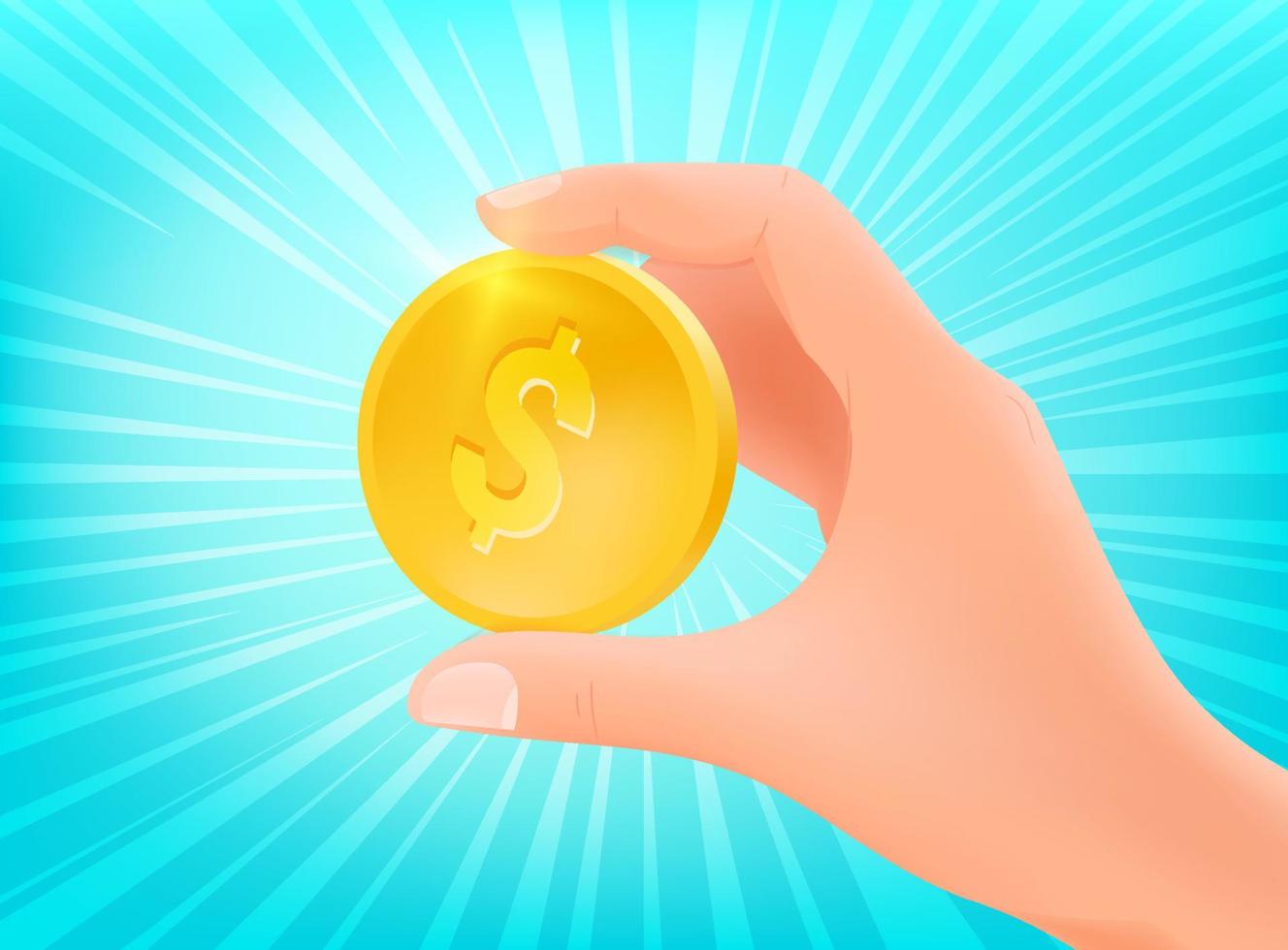 Receiving or send money. Concept with gold coin in a hand vector