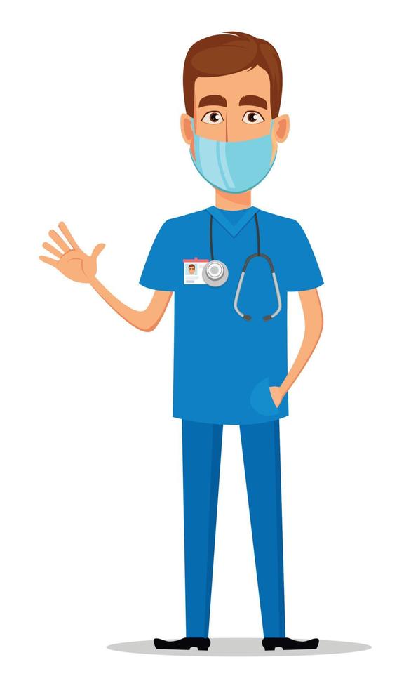 Young professional doctor in mask waving hand vector