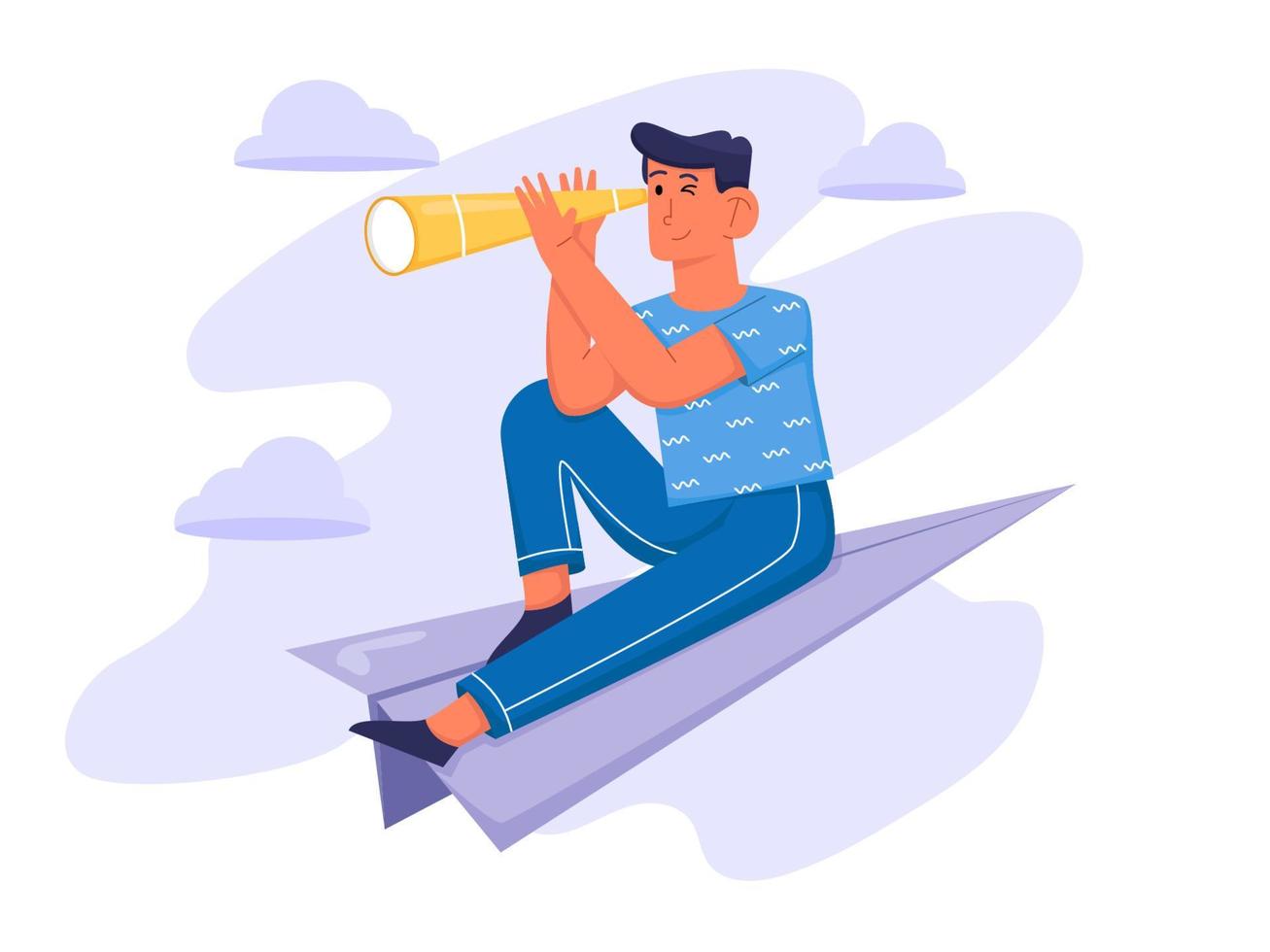 Searching for inspiration with man hold telescope and sitting on plane vector