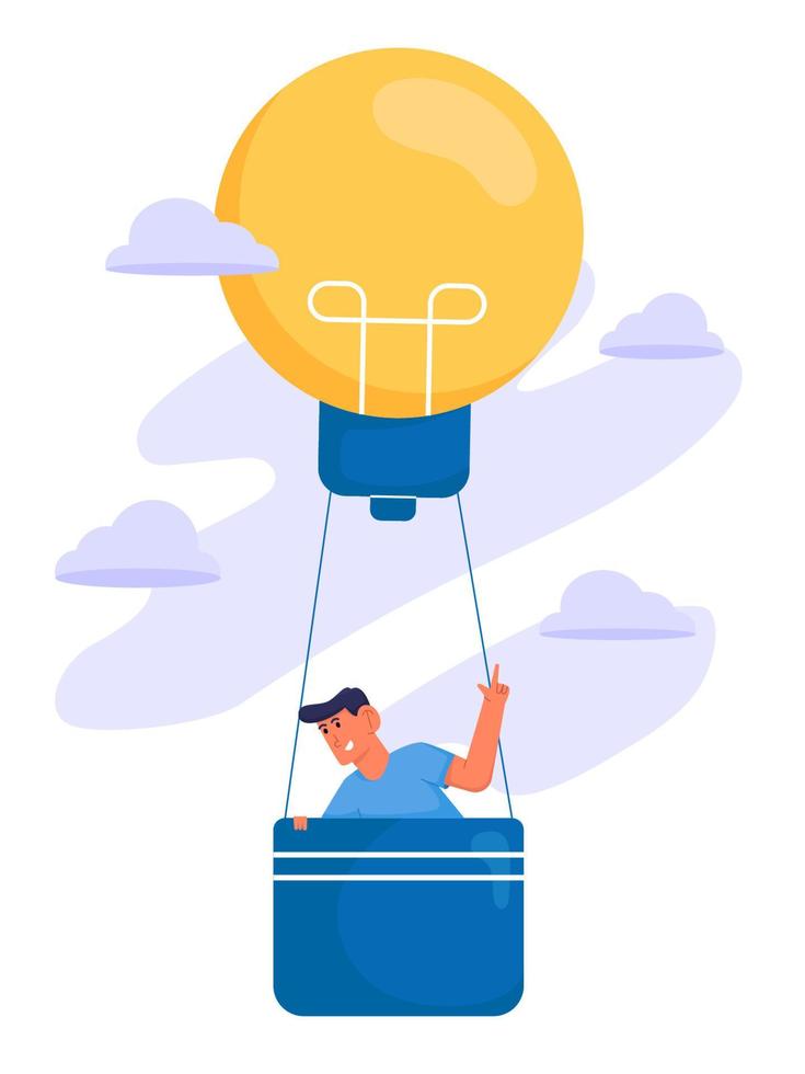 Searching for inspiration with man on air ballon from bulb vector