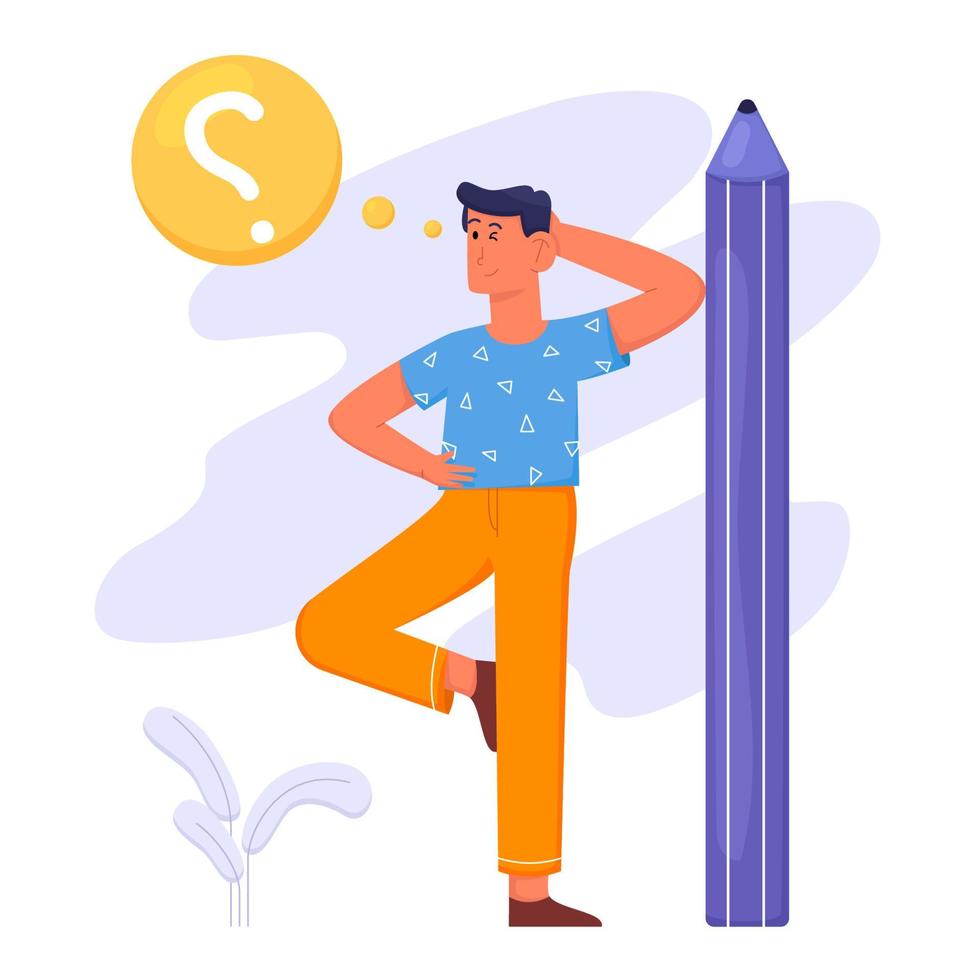 Searching for inspiration with man think on big pencil and question vector