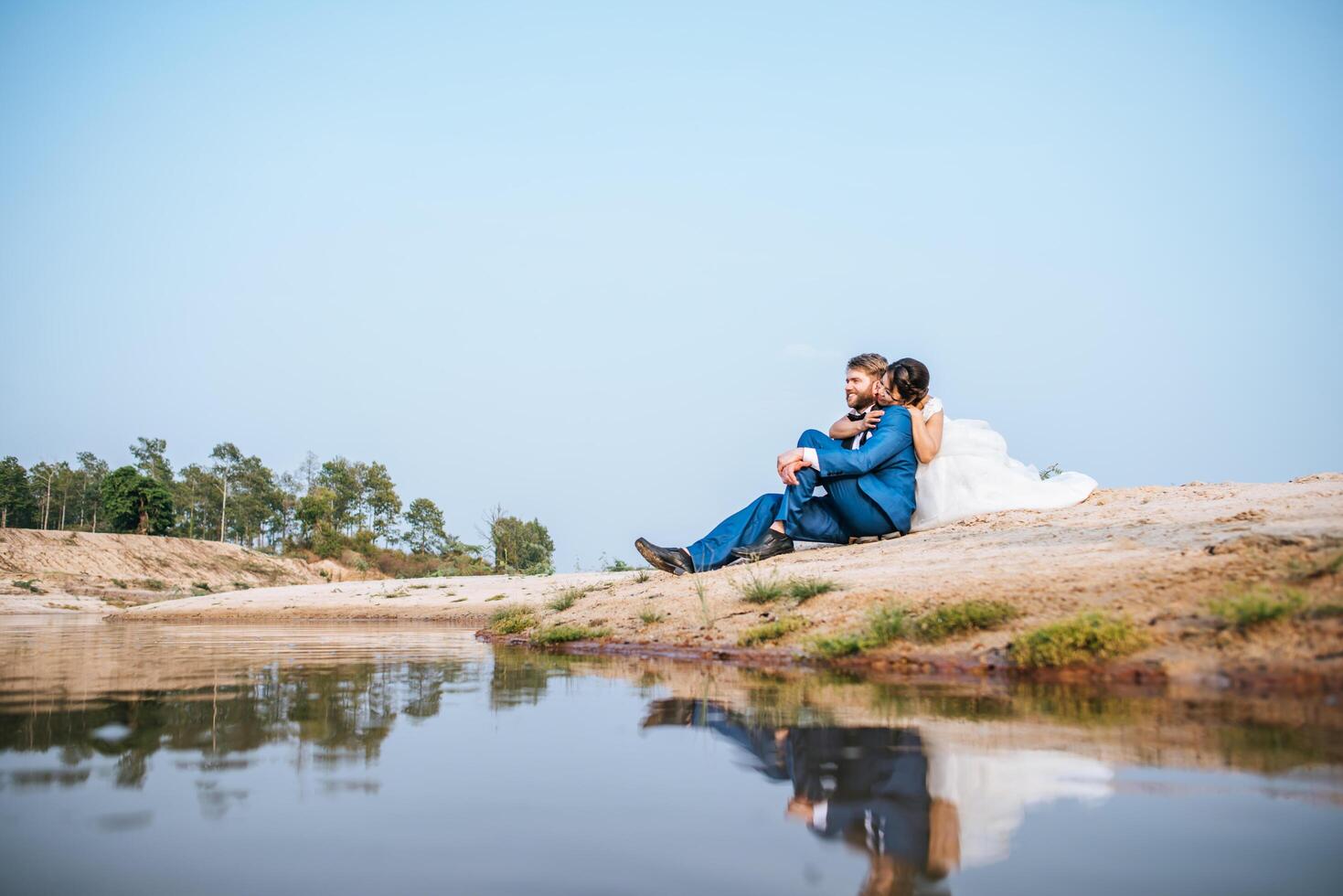 Asian bride and Caucasian groom have romance time and happy together photo