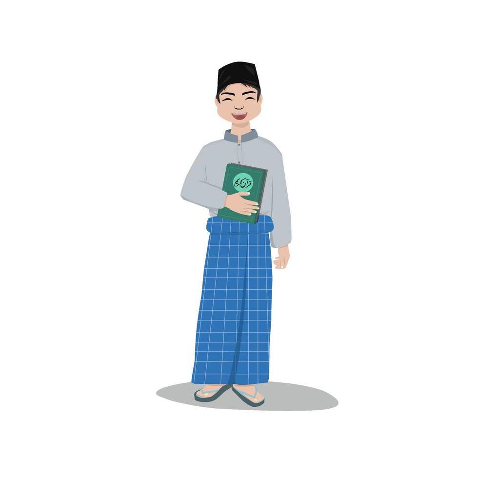 un niño trae al-quran, elemento para celebrar el día nacional santri de indonesia. vector