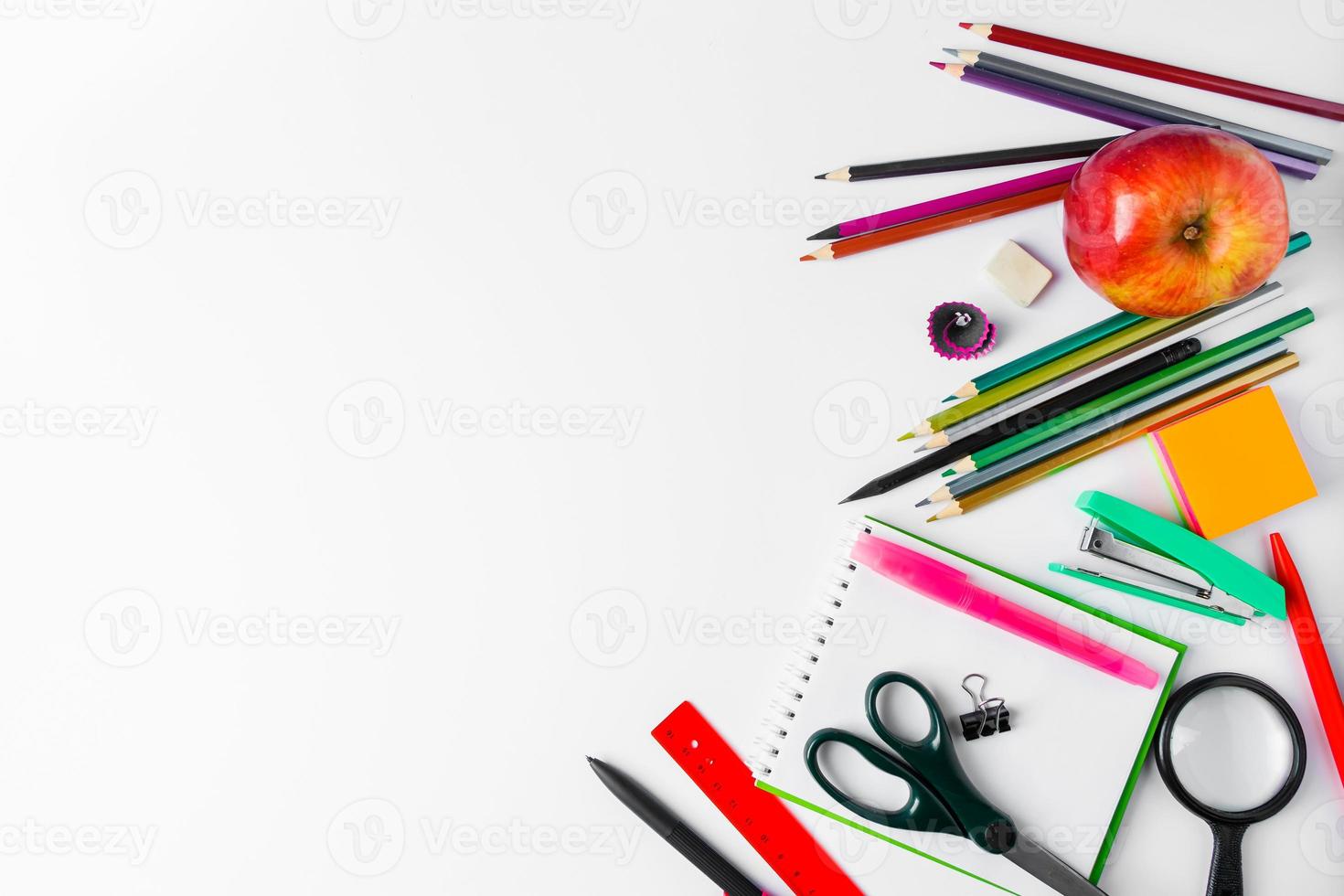 Set of office supplies on a white background. Back to school concept. Place for text. photo