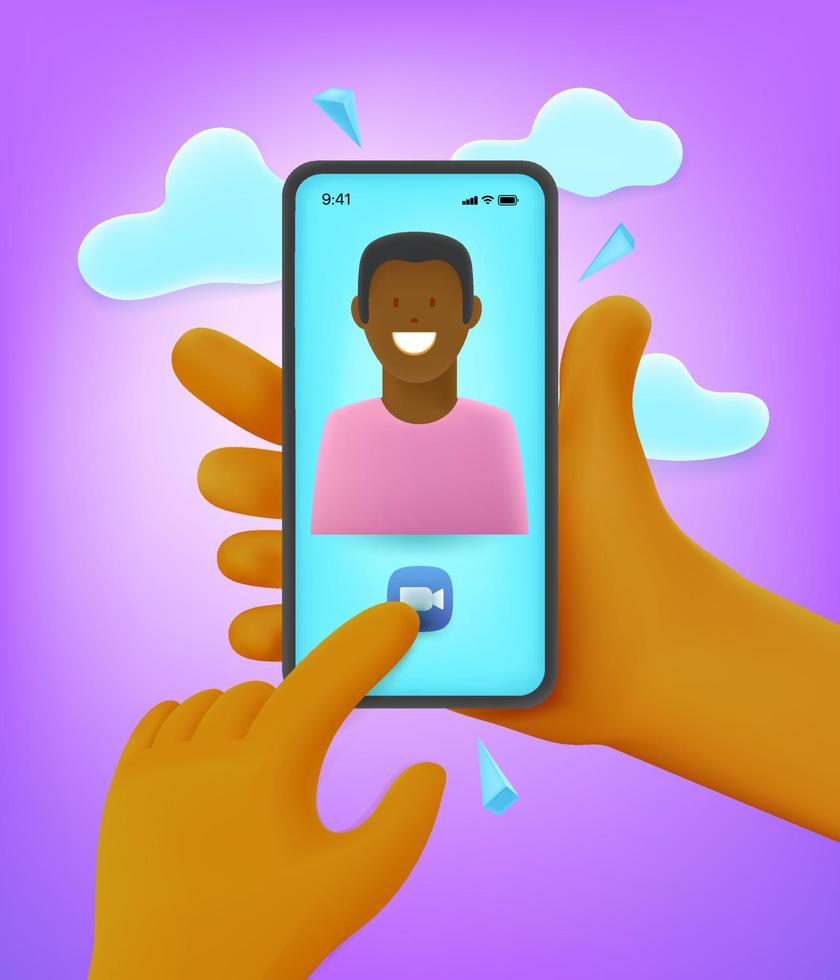 Man making video call to his friend. Comic 3d style vector illustration