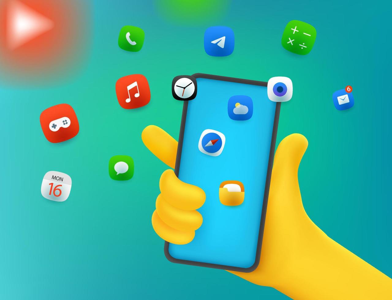 Hand holding modern smartphone with application icons. Comic 3d style vector illustration