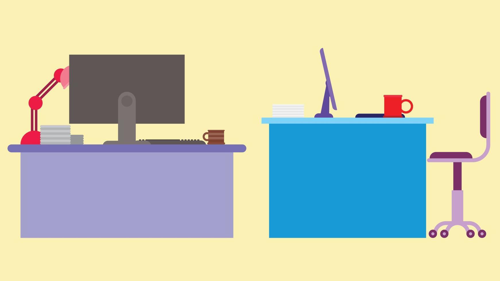 Set of two Home or office desk with casters chair, computer, some papers, coffee cup and table lamp. Back and Side view. Flat style vector illustration.