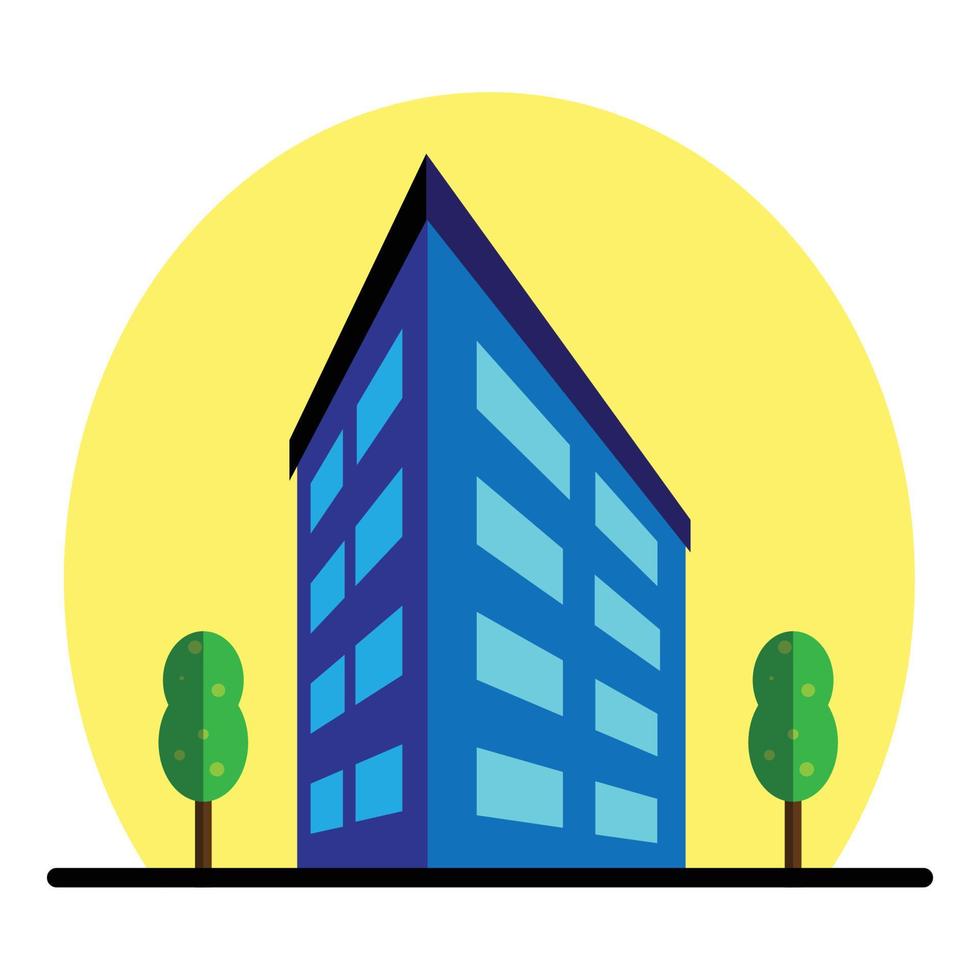 City multi storey building exterior view with windows and outside trees in flat style. Modern high-rise apartment or office building. Vector illustration.